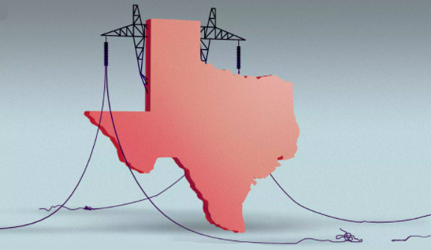 Image of Texas with power lines, some of which are broken
